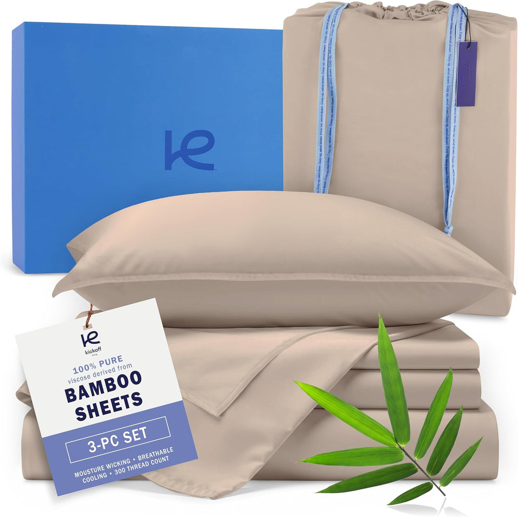 Kickoff Viscose Bamboo Sheets Twin Size 3-Pc 100% Organic Bamboo Viscose Bed Cooling Sheets Twin Size Set Cool Bedding for Hot Sleepers Sheet Set - Gift Ready Packaging (Pewter, T)
