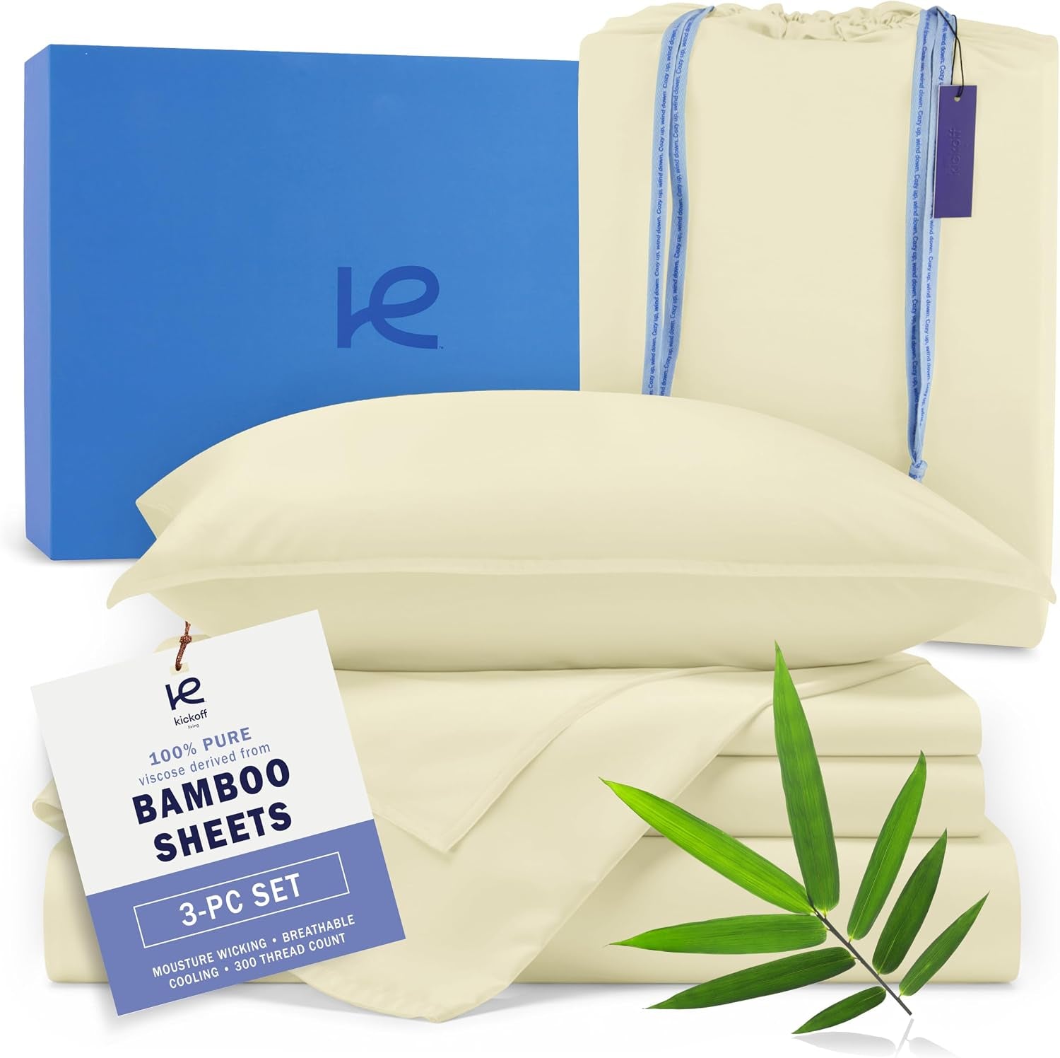 Kickoff Viscose Bamboo Sheets Twin Size 3-Pc 100% Organic Bamboo Viscose Bed Cooling Sheets Twin Size Set Cool Bedding for Hot Sleepers Sheet Set - Gift Ready Packaging (Pewter, T)