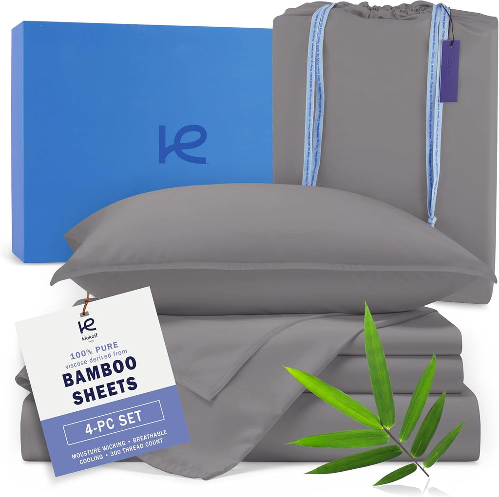 Kickoff Viscose Bamboo Sheets Twin Size 3-Pc 100% Organic Bamboo Viscose Bed Cooling Sheets Twin Size Set Cool Bedding for Hot Sleepers Sheet Set - Gift Ready Packaging (Pewter, T)