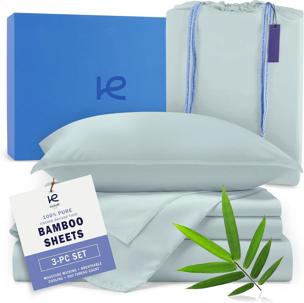 Kickoff Viscose Bamboo Sheets Twin Size 3-Pc 100% Organic Bamboo Viscose Bed Cooling Sheets Twin Size Set Cool Bedding for Hot Sleepers Sheet Set - Gift Ready Packaging (Pewter, T)