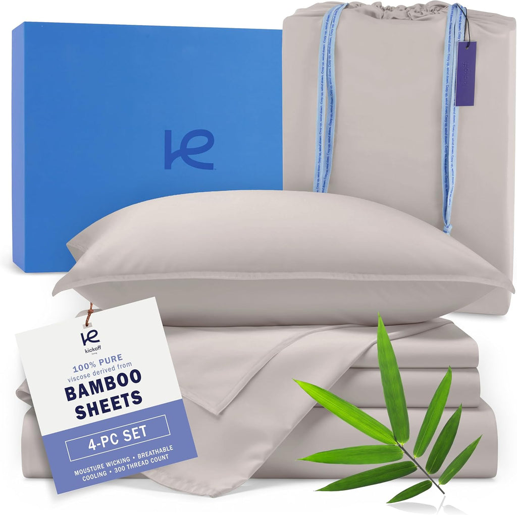 Kickoff Viscose Bamboo Sheets Twin Size 3-Pc 100% Organic Bamboo Viscose Bed Cooling Sheets Twin Size Set Cool Bedding for Hot Sleepers Sheet Set - Gift Ready Packaging (Pewter, T)