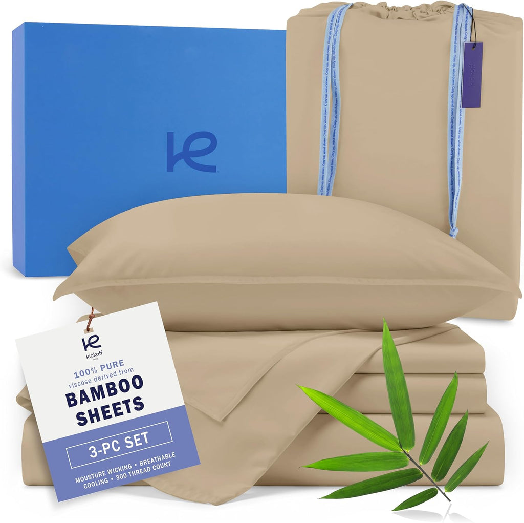 Kickoff Viscose Bamboo Sheets Twin Size 3-Pc 100% Organic Bamboo Viscose Bed Cooling Sheets Twin Size Set Cool Bedding for Hot Sleepers Sheet Set - Gift Ready Packaging (Pewter, T)