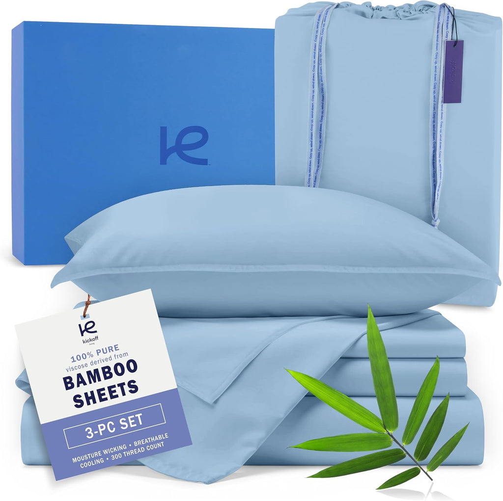 Kickoff Viscose Bamboo Sheets Twin Size 3-Pc 100% Organic Bamboo Viscose Bed Cooling Sheets Twin Size Set Cool Bedding for Hot Sleepers Sheet Set - Gift Ready Packaging (Pewter, T)